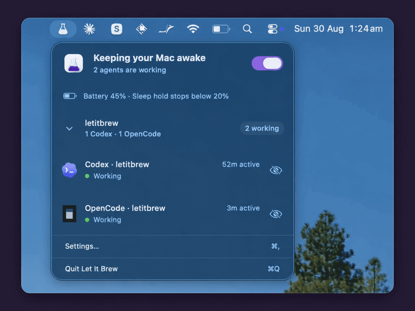 Let It Brew’s menu showing two working coding agents and the Mac being kept awake.