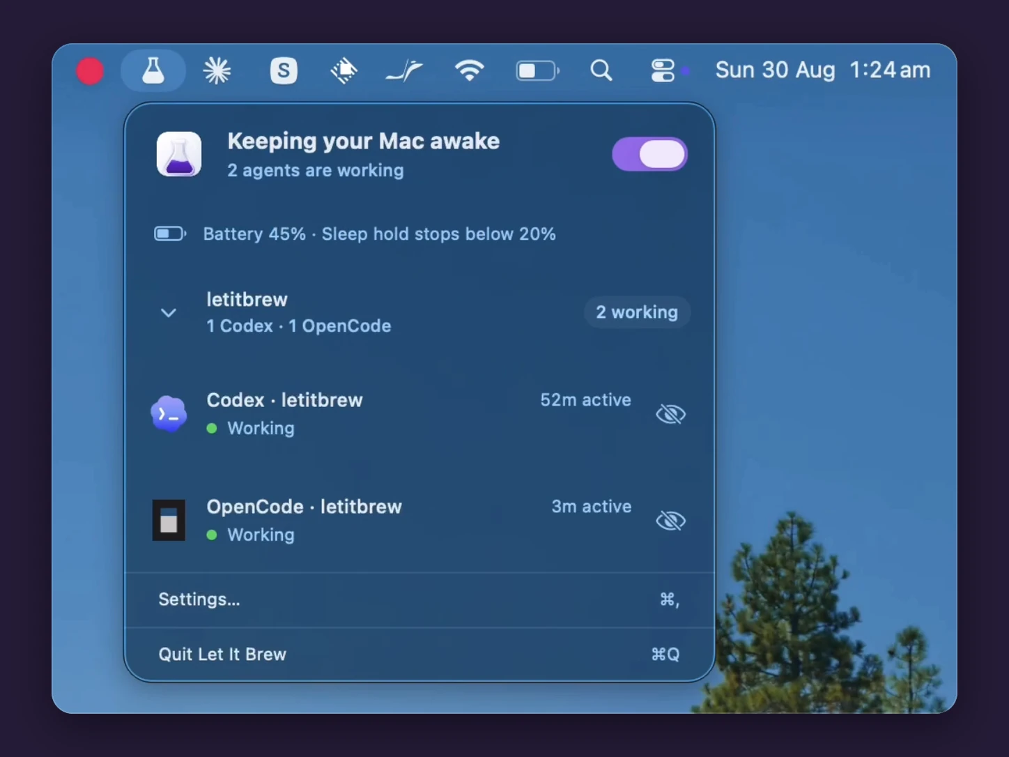 Let It Brew's menu, open from its flask icon in the Mac menu bar, showing that it's keeping the Mac awake while a Codex session and an OpenCode session are working.